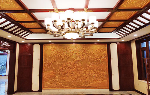 大岭山镇中式别墅客厅中式木作横梁吊顶装饰展示